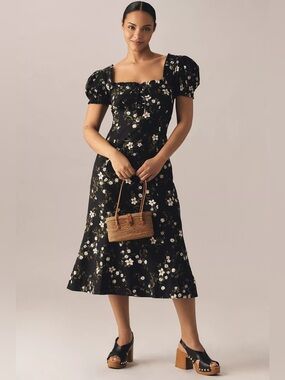 NWT Maeve Linen Blend Puff-Sleeve Sweetheart Midi Dress Black Floral